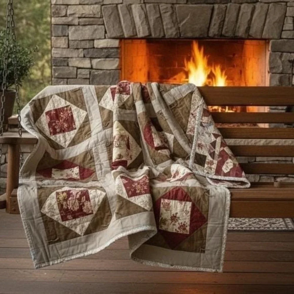 Vintage Patchwork Quilt 66x82 Burgundy Floral Cottage Farmhouse Throw